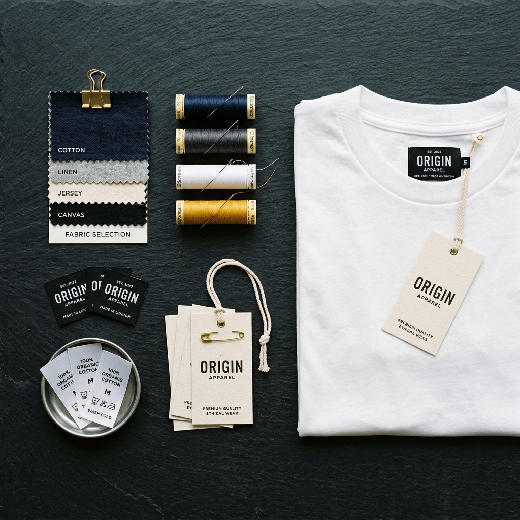 OEM manufacturing process — fabric swatches, labels, and production materials